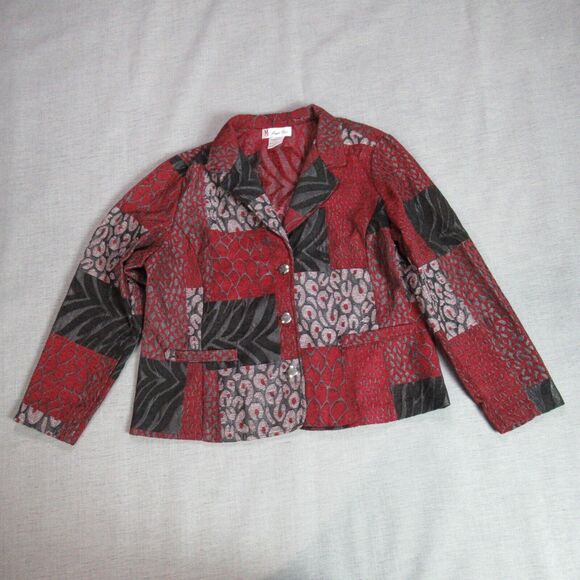 Maggie Sweet Jacket Womens L Red Gray Quilted Patchwork Retro Tapestry Textile - Picture 1 of 8